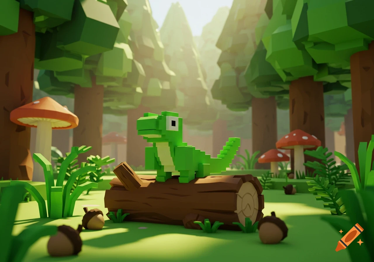 A green pixelated lizard sits on a log in a sunny low-poly forest with blocky trees and red-capped mushrooms.
