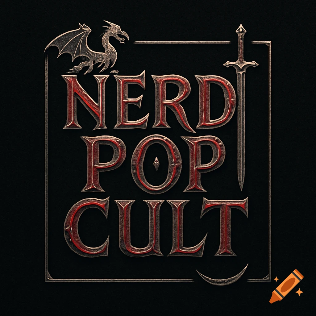 A fantasy-style logo for 'NERD POP CULT' featuring a dragon, sword, and detailed embossed lettering.