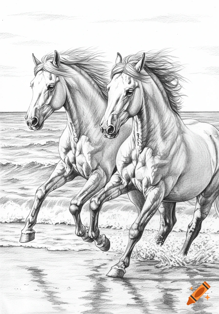 Two light-colored horses gallop through the shallow water at the edge of a beach in a detailed pencil sketch.