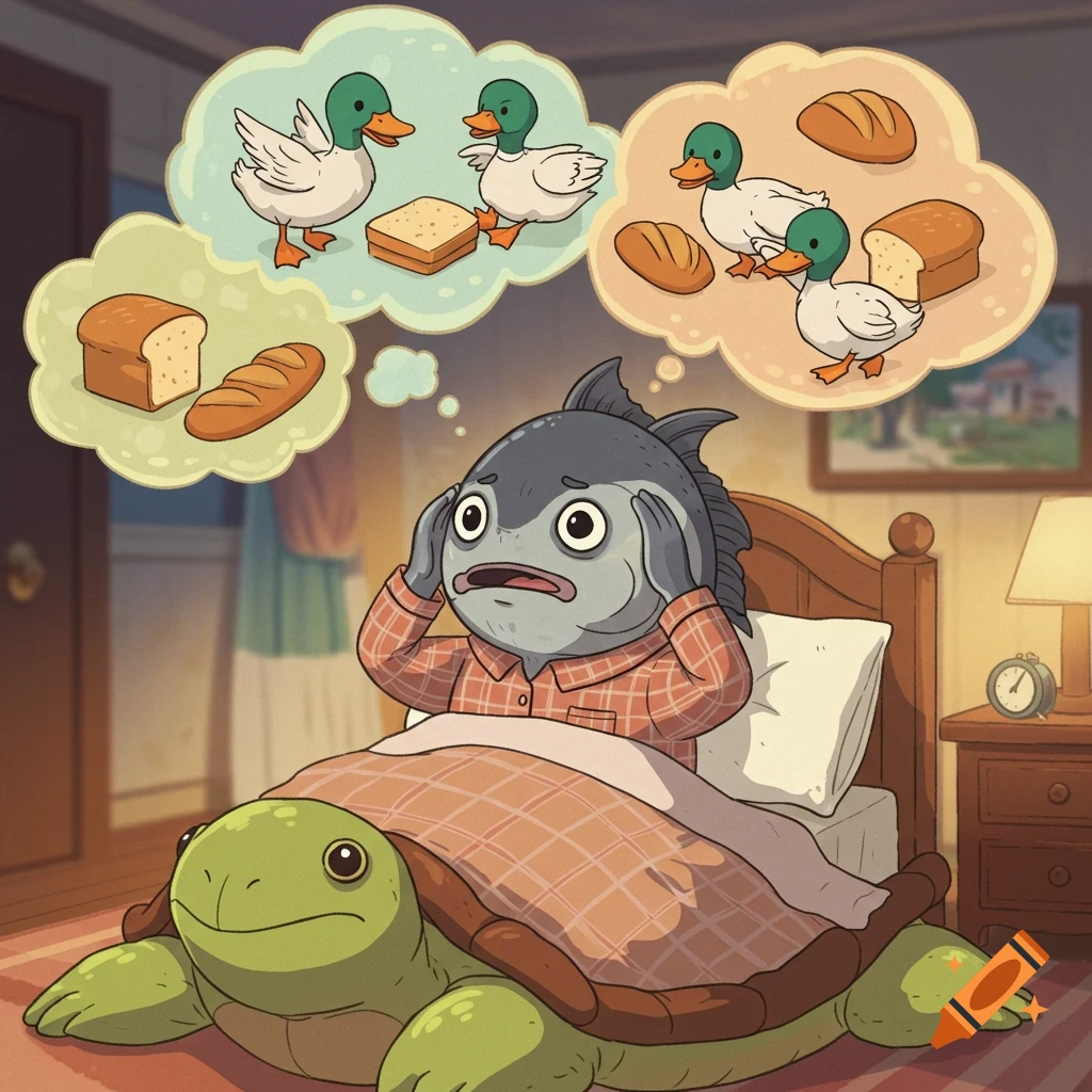 An anime-style fish character in pajamas lies in a turtle-shaped bed, clutching its head. Thought bubbles show ducks and loaves of bread.