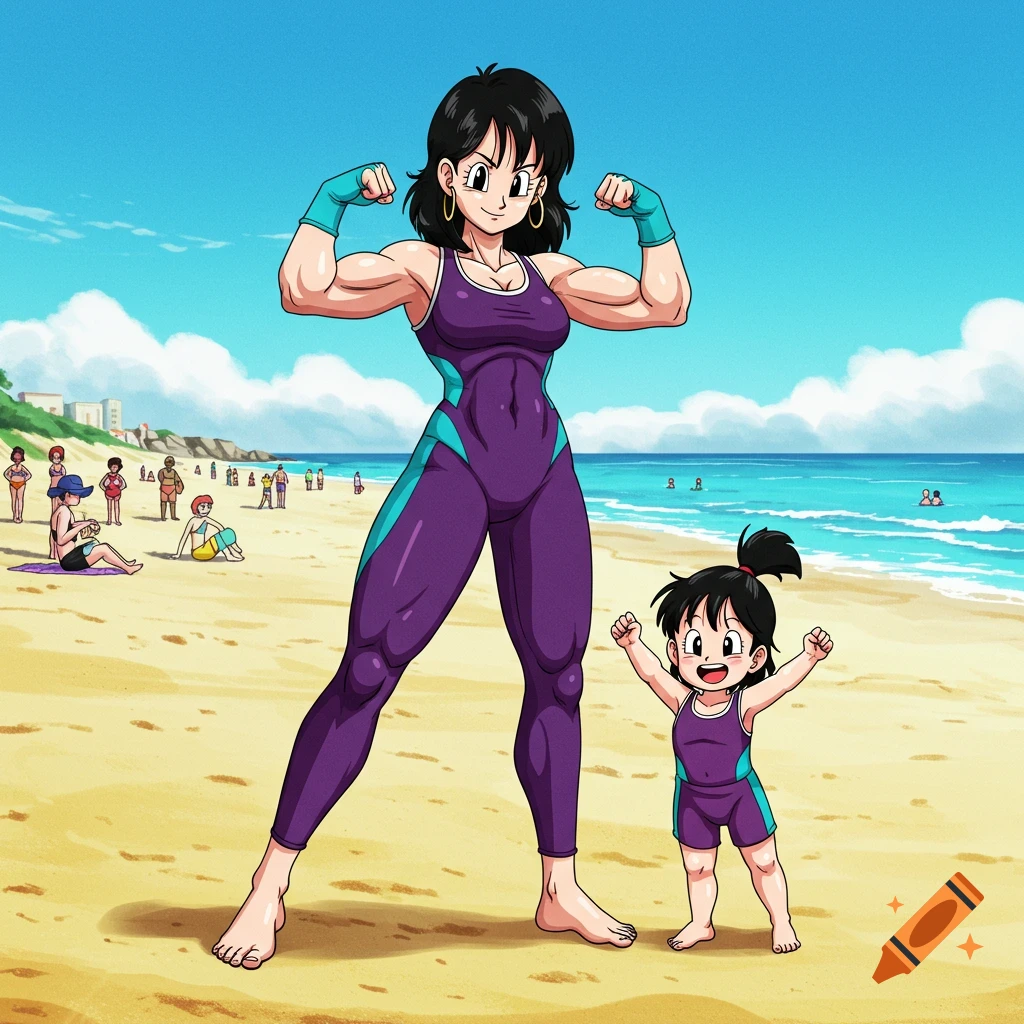 Videl and her daughter Pan in purple and teal bodysuits flex their muscles on a sunny beach, anime style.