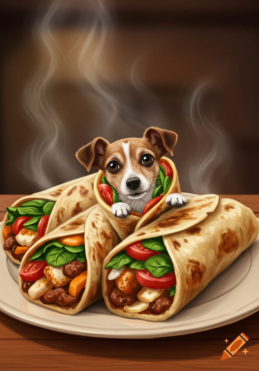 A cute chihuahua/jack russel puppy peeks out of a warm, steamy burrito on a plate with two other burritos, depicted in a digital art style.
