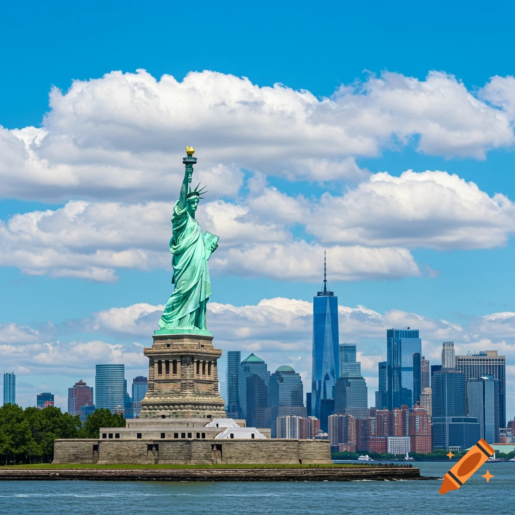 The Statue of Liberty stands prominently in the foreground with the New York City skyline and One World Trade Center under a cloudy blue sky.
