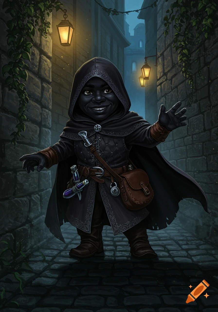 A smiling, dark-skinned gnome rogue in a black hooded cloak stands in a dim cobblestone alley with lanterns.