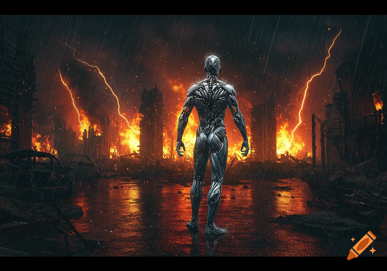 A robot stands in a rain-drenched, burning ruined city under a stormy sky with lightning.