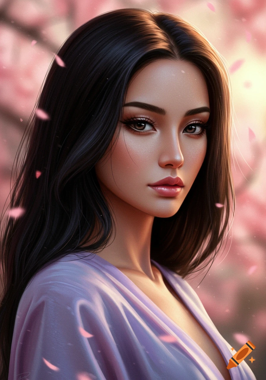 A digital art portrait of a beautiful woman with long dark hair, set against a blurred background of pink cherry blossoms.