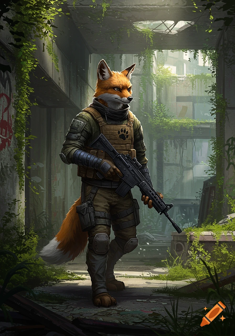 A red fox furry character in tactical military gear holds a rifle in a ruined, overgrown building.