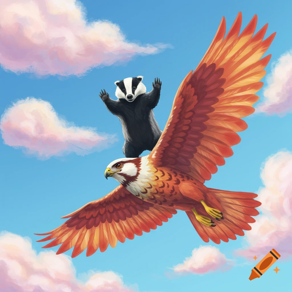 A colorful illustration of a badger riding on the back of a large red hawk flying through a blue sky with pink clouds.