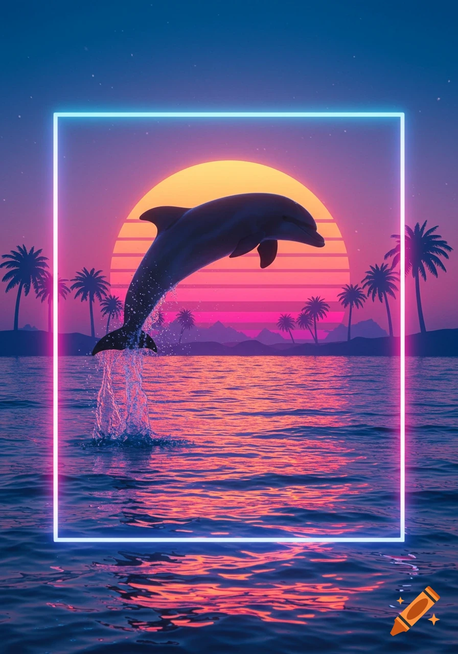A dolphin jumps from a neon-framed ocean against a vaporwave sunset with palm trees.
