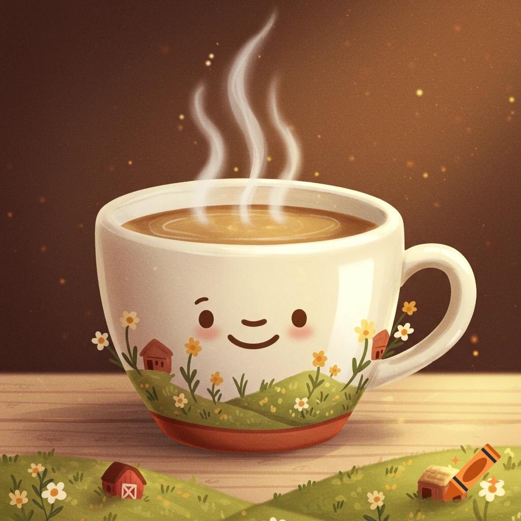 A cute, steaming coffee cup with a cartoon face, decorated with a small green landscape, tiny houses, and wildflowers.