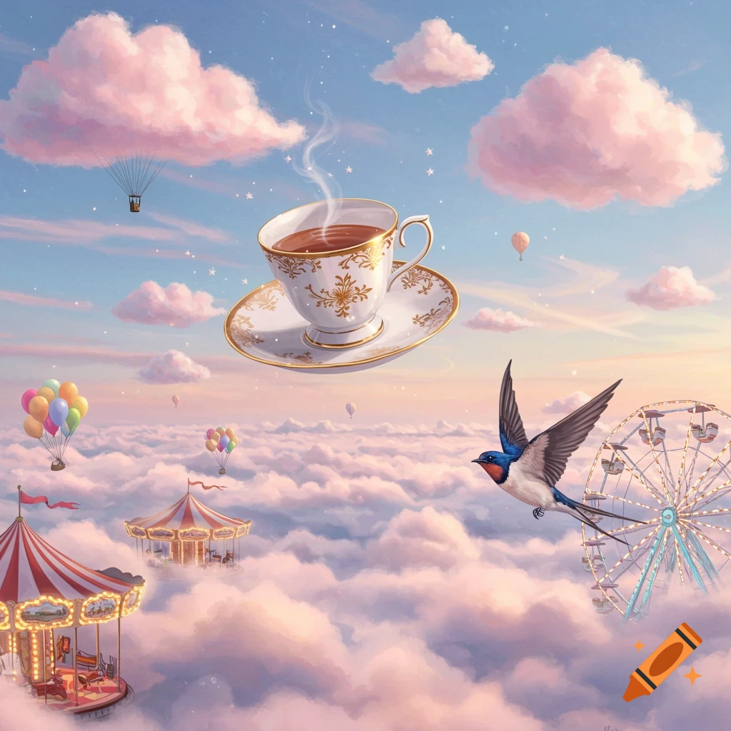 A whimsical fantasy illustration of a fairground, hot air balloons, and a swallow flying among pink clouds, with a giant teacup floating in the sky.