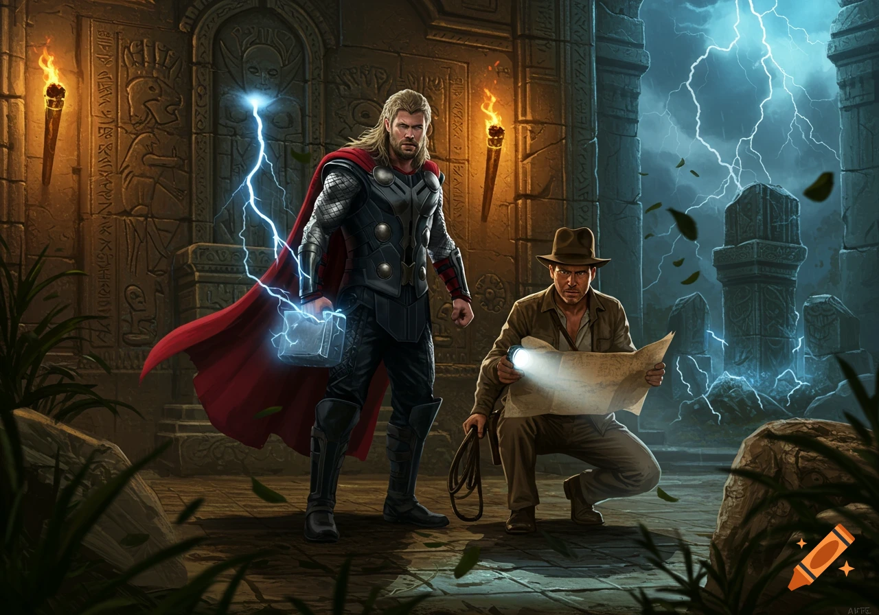Thor with Mjolnir and Indiana Jones with a map and flashlight in stormy ancient ruins with lightning. Fantasy art.
