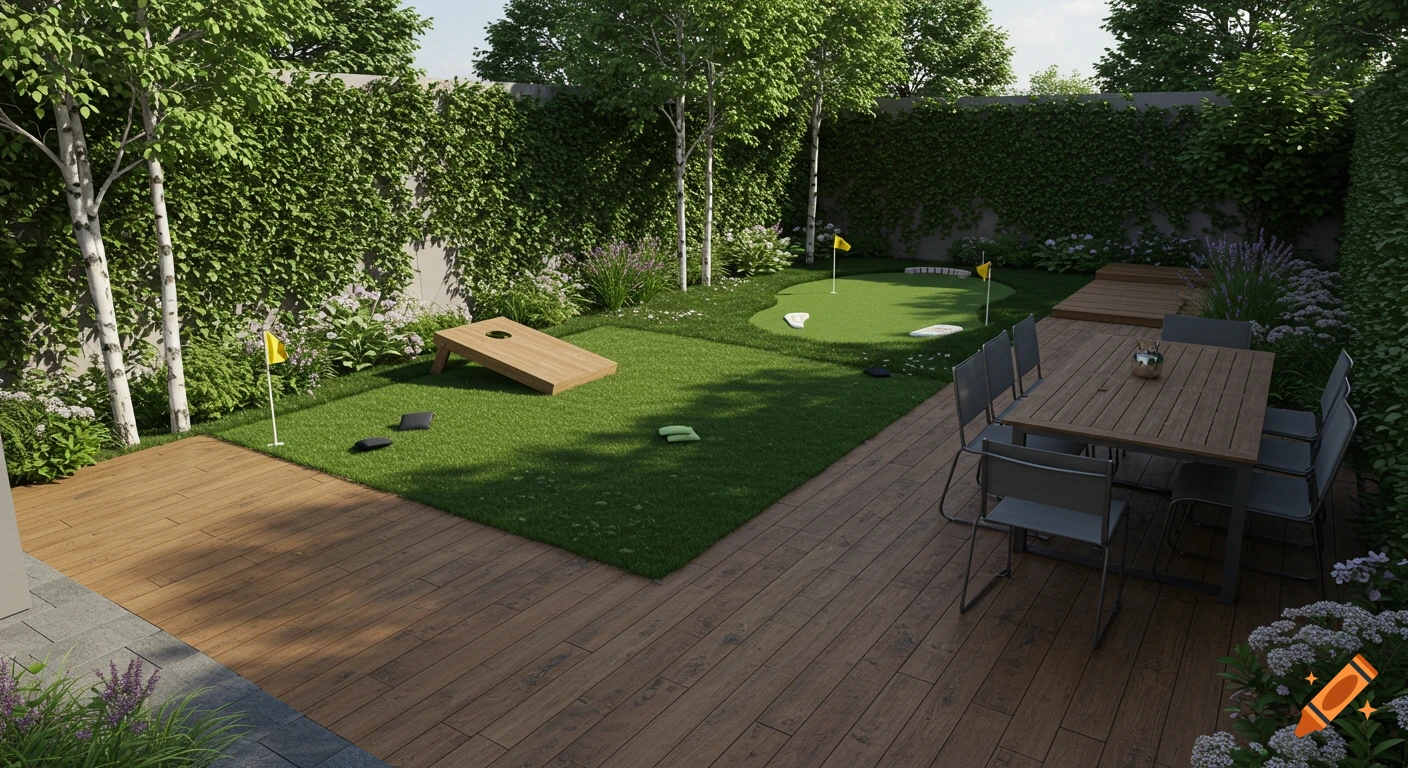 A photorealistic multi-functional side yard featuring a putting green, a cornhole game area, and a wooden deck with an outdoor dining table and chairs, surrounded by green foliage and trees.