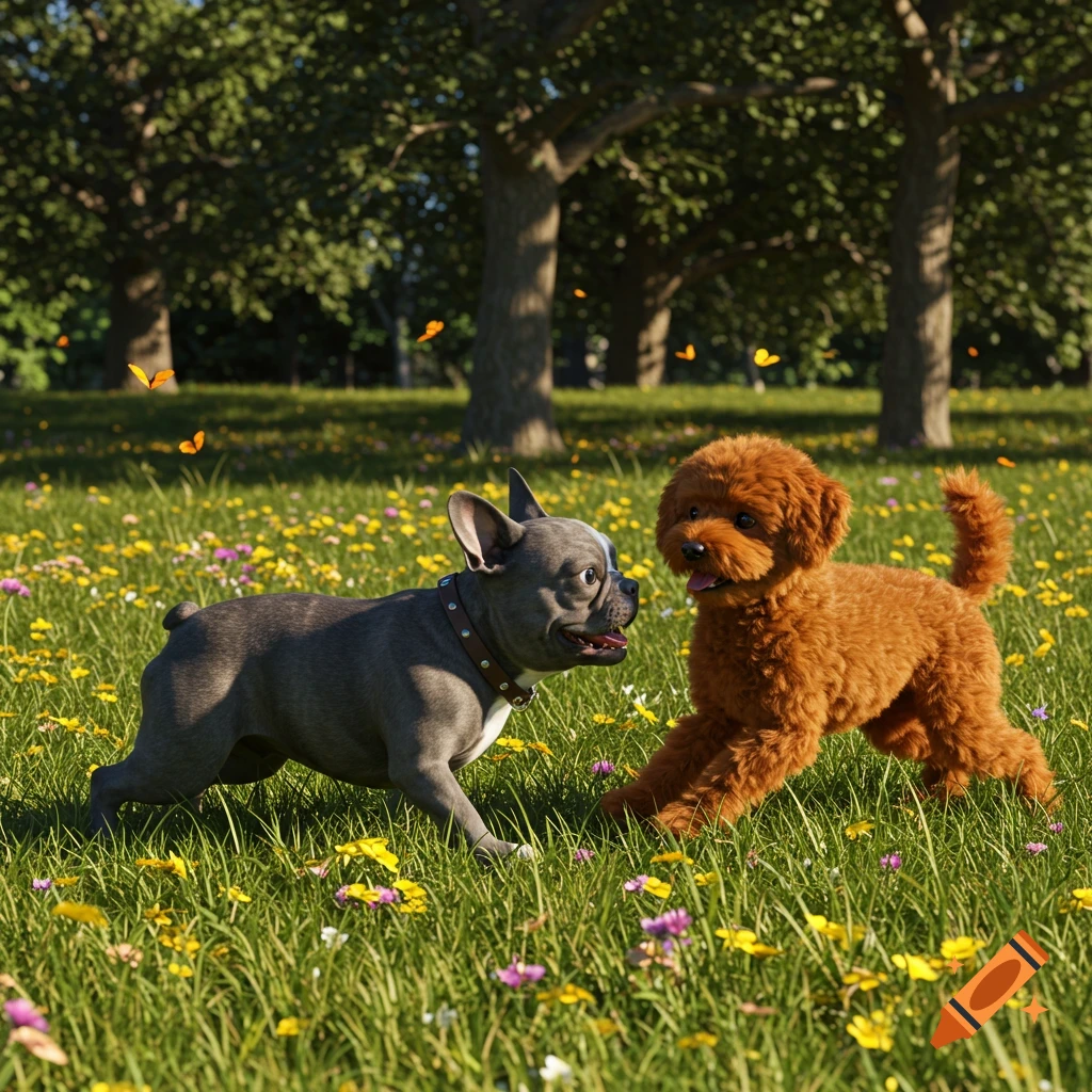 A grey French bulldog and a reddish-brown poodle play in a sunlit field with wildflowers and trees in the background, in a photorealistic style.