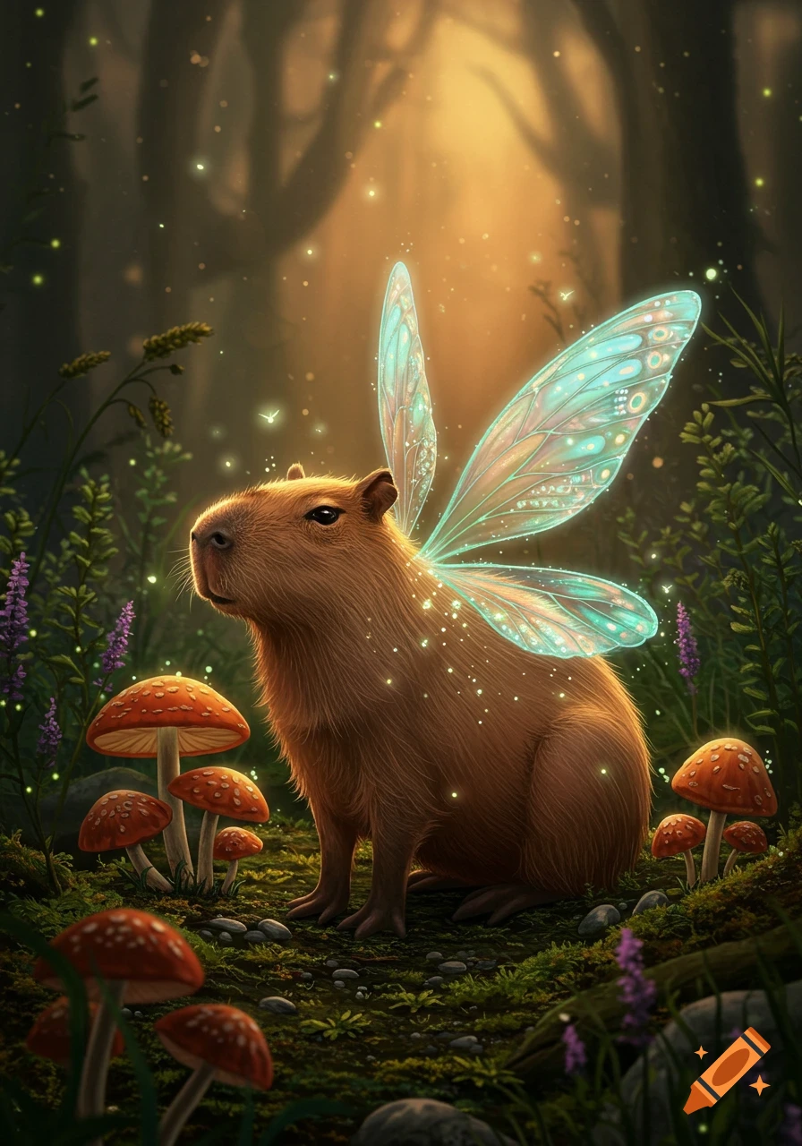 A cute capybara with glowing fairy wings sits among mushrooms in a magical, sun-dappled forest.
