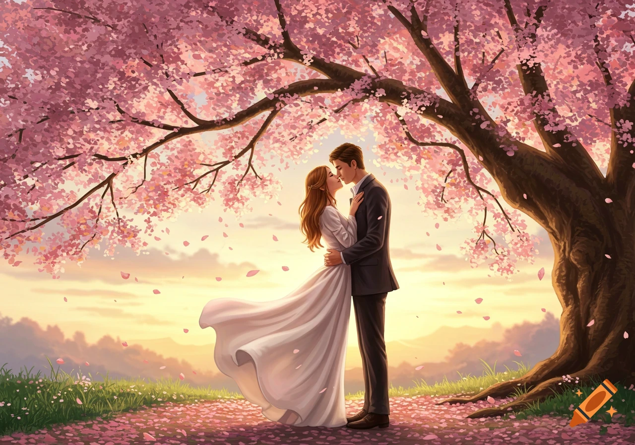 An illustrated image of a couple embracing under a vibrant pink cherry blossom tree at sunset.
