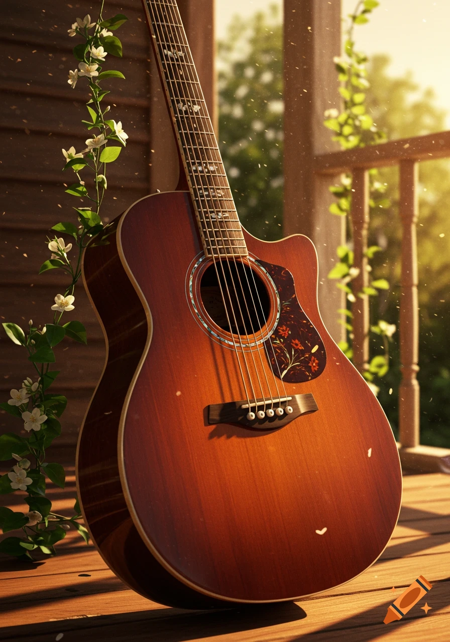An acoustic guitar leaning against a wooden porch railing, adorned with white flowering vines, bathed in golden sunlight with dust motes.