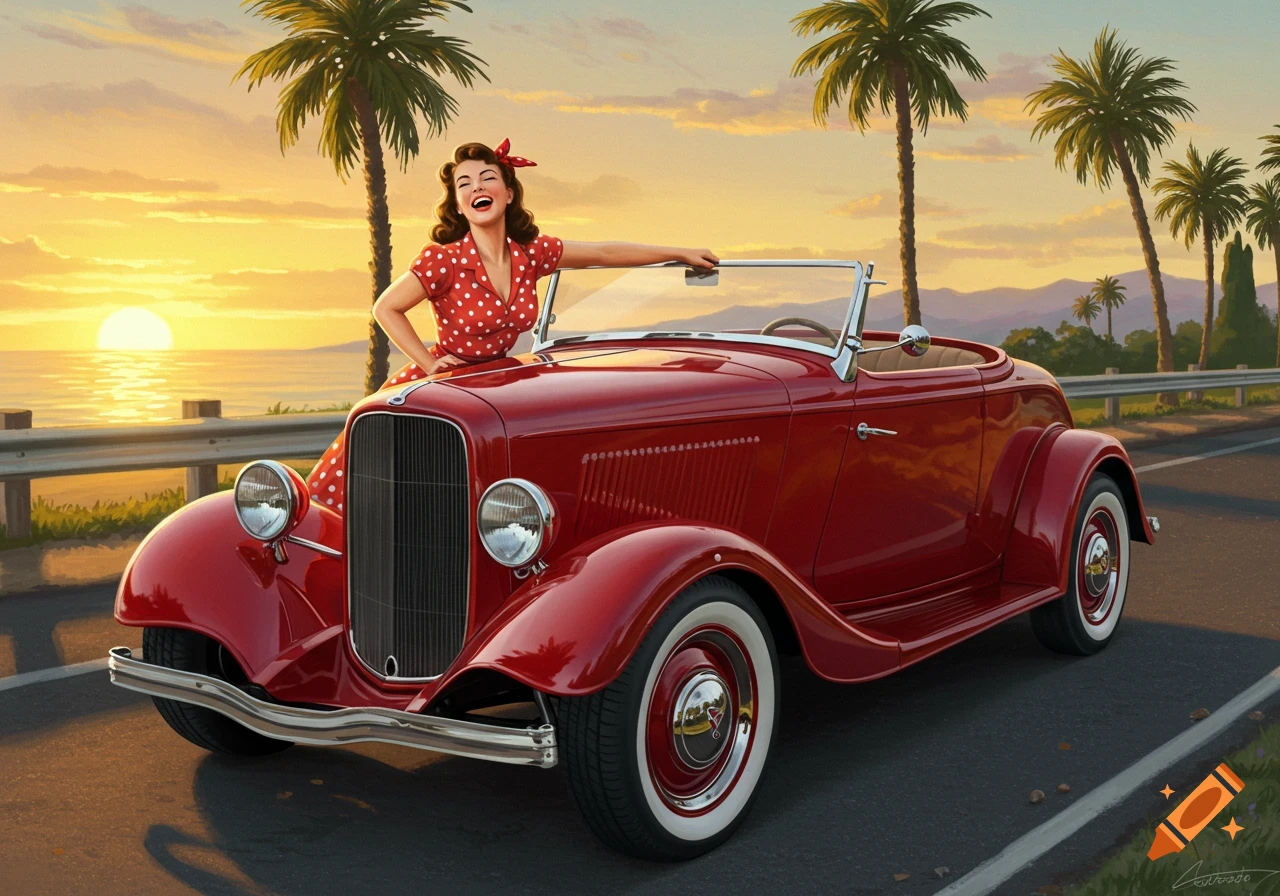 A smiling pinup girl in a red polka-dot dress leans on a red vintage Ford roadster by the ocean at sunset, artistic style.