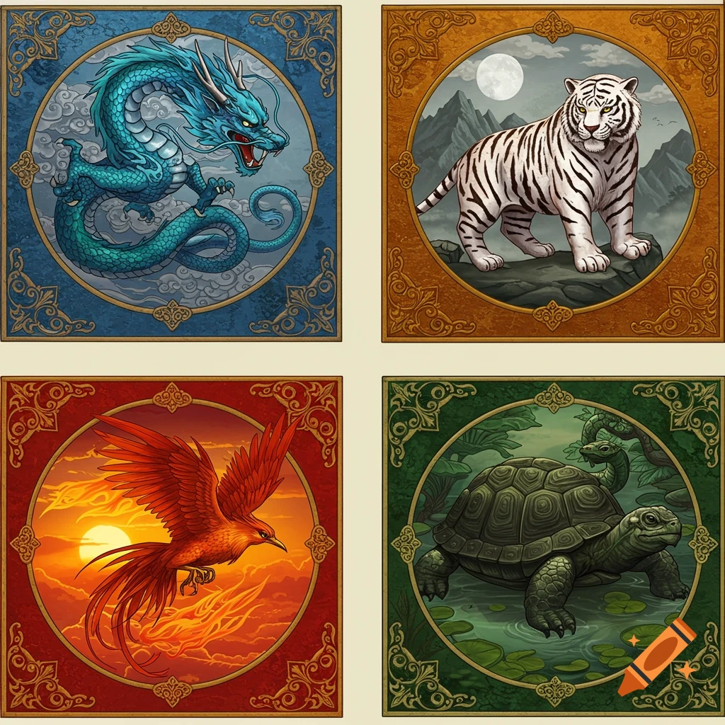 Four colorful crests depicting mythical creatures: a blue dragon, a white tiger, a red phoenix, and a green turtle with a snake head.