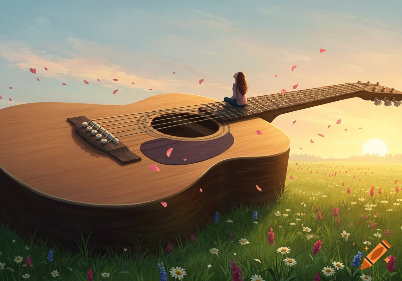 A small person sits on a giant acoustic guitar in a field of wildflowers at sunset with rose petals falling.