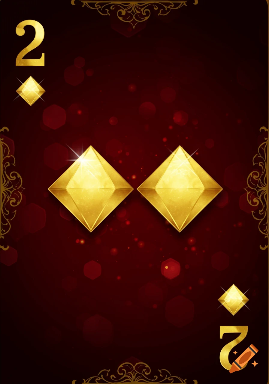 A luxurious Two of Diamonds playing card with golden numbers and two large golden diamond symbols on a deep red background.