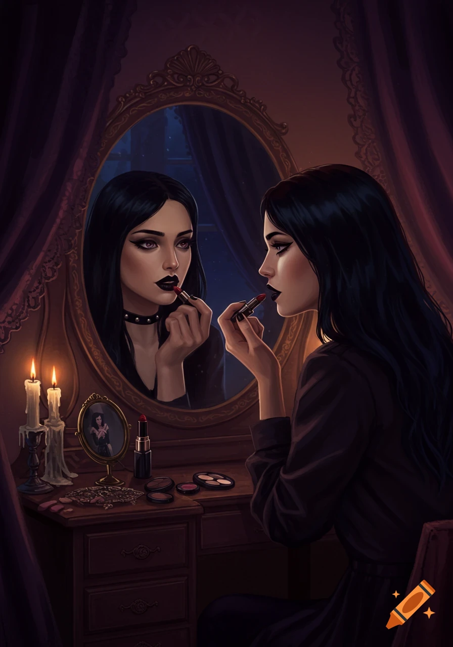 A young gothic woman applies black lipstick while looking at her reflection in an ornate mirror on a candlelit vanity.