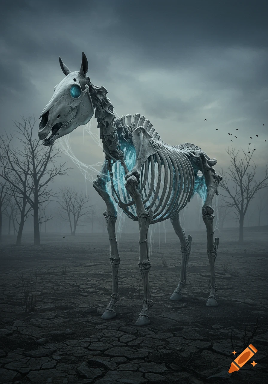 A skeletal horse with glowing blue elements stands in a barren, cracked landscape with dead trees under a dark, cloudy sky.