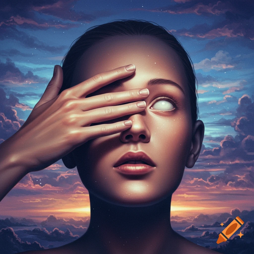 A stylized portrait of a person with a hand covering one eye, and the other eye rolled back, against a vibrant, cloudy, star-filled sky.