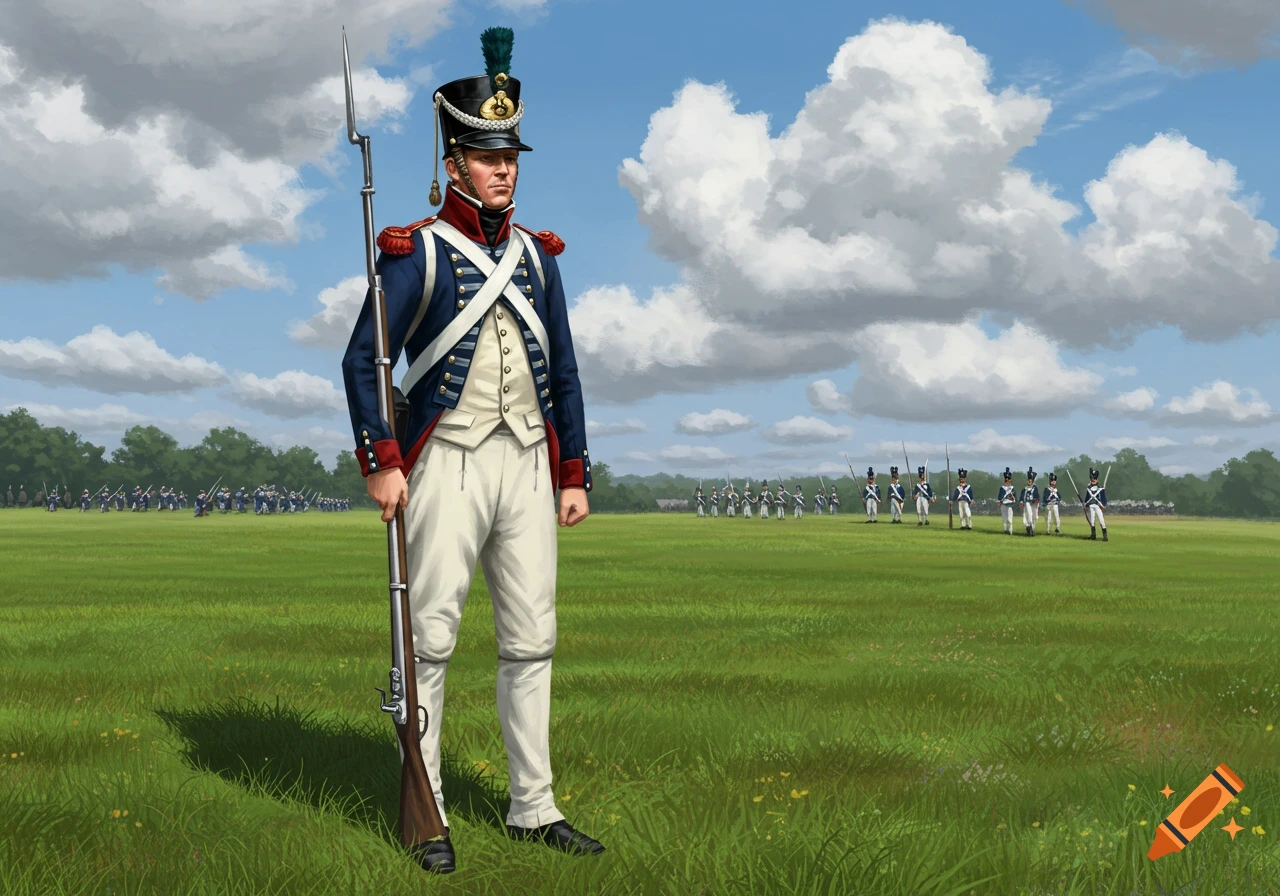 An illustration of a US infantry soldier from the War of 1812 standing in a grassy field with other soldiers in formation.
