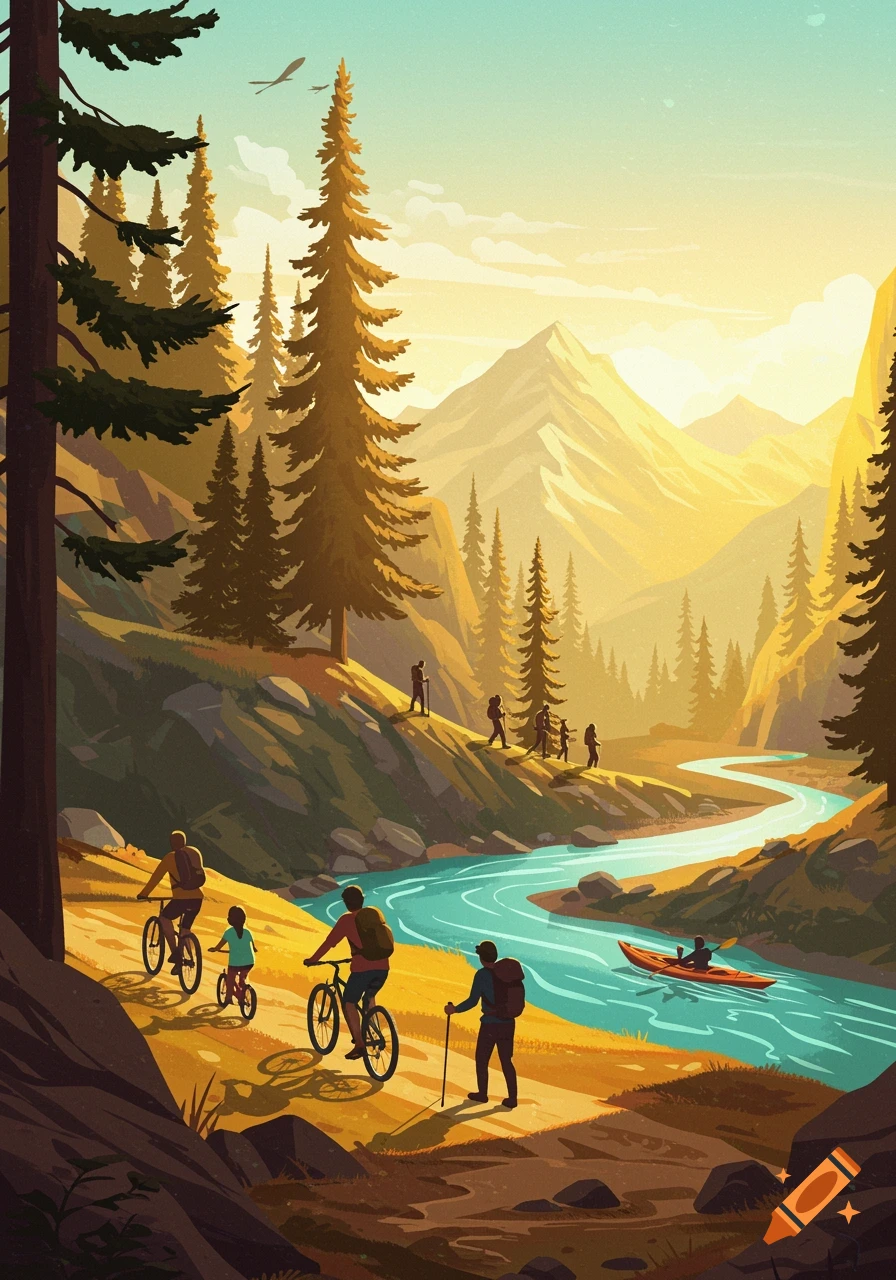 A stylized illustration of people biking, hiking, and kayaking along a winding river in a mountain valley at sunset.