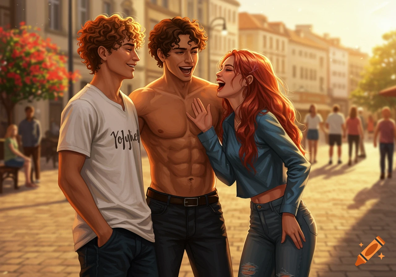Three young adults, two men with curly hair and a woman with red hair, laughing outdoors in a sunlit city street. One man is shirtless.