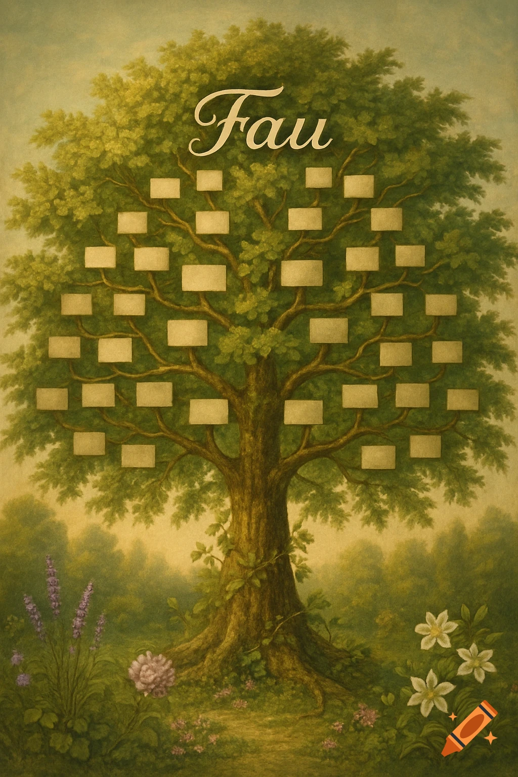 A painted family tree with blank name rectangles on its branches, with the word 'Fau' at the top, surrounded by green foliage and flowers.