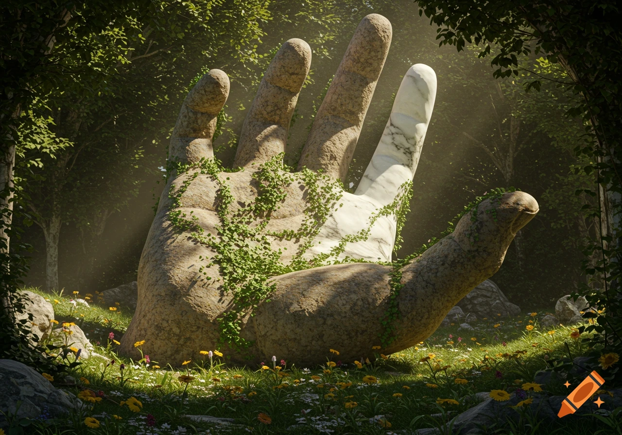 A giant stone hand, covered in ivy, with one finger made of marble, rising from a sunlit forest floor amidst wildflowers.