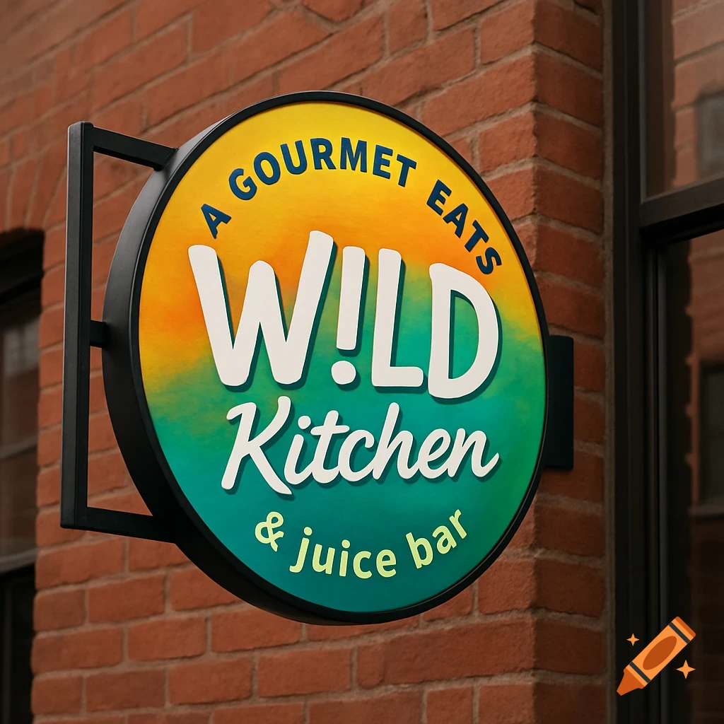 A colorful, round restaurant sign for 'W!LD Kitchen' mounted on a brick building, featuring 'A Gourmet Eats' and '& juice bar' text.