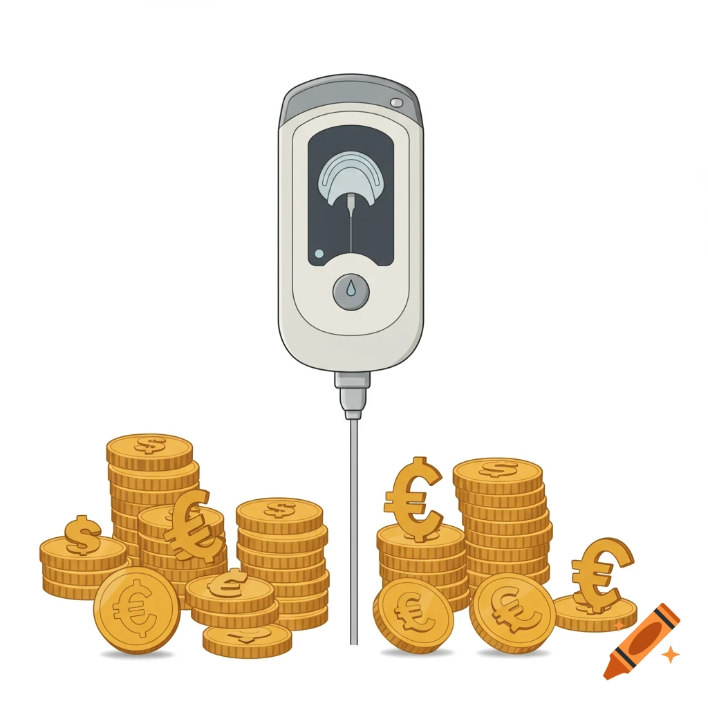 A clipart illustration of a medical device connected to a wire, surrounded by stacks of gold coins with dollar and euro symbols.