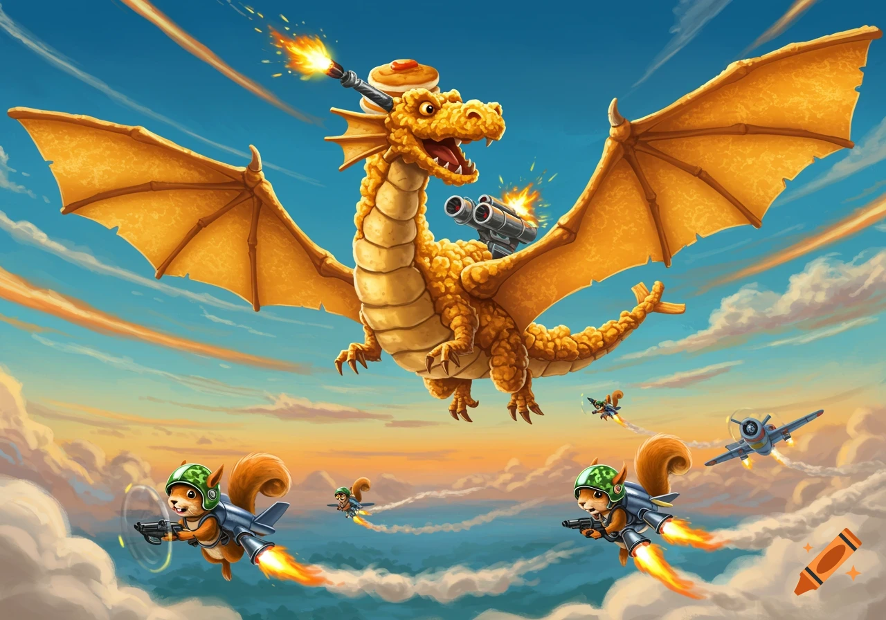Cartoon golden dragon with guns and pancake hat flies in sky above jetpack squirrels.
