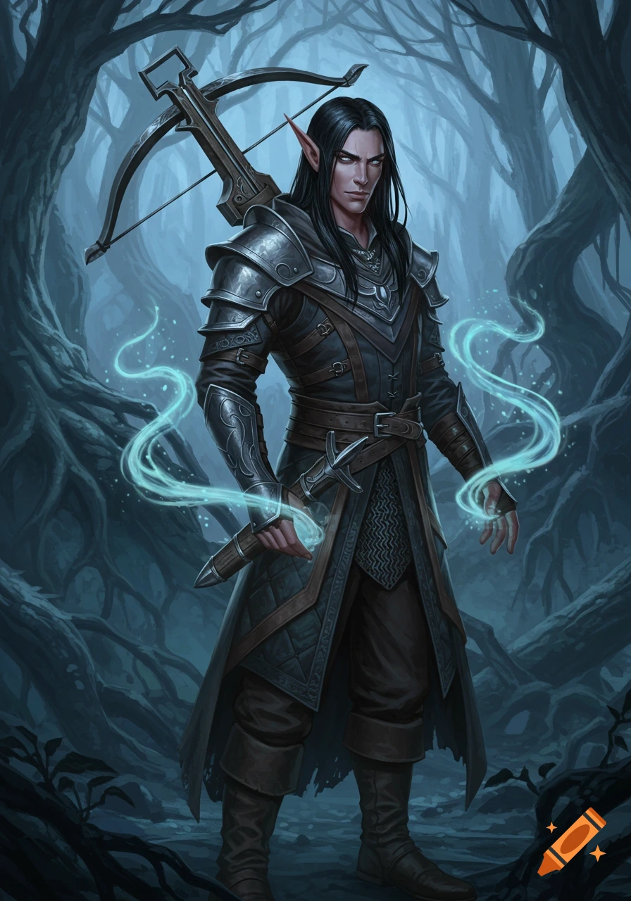 A dark-haired male elf in elaborate armor stands in a mystical forest, holding a crossbow and glowing magic in his hands.