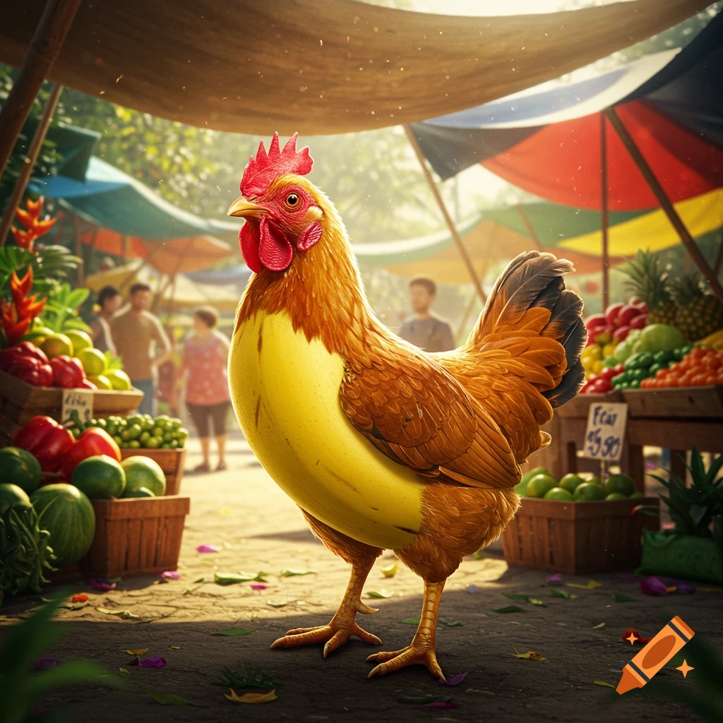 A photorealistic chicken with a banana for its body stands prominently in the foreground of a bustling outdoor market.