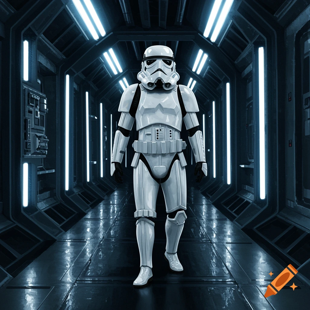A Stormtrooper in white armor stands centered in a dark, futuristic spaceship corridor illuminated by blue vertical lights.