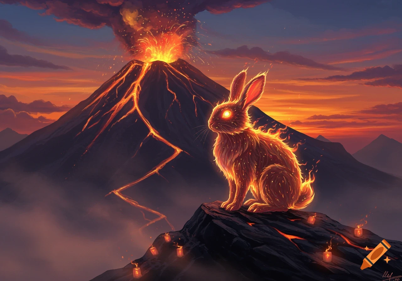 A fiery rabbit sits on a rock overlooking an erupting volcano with lava flowing down its sides at sunset, with a vibrant orange and purple sky.
