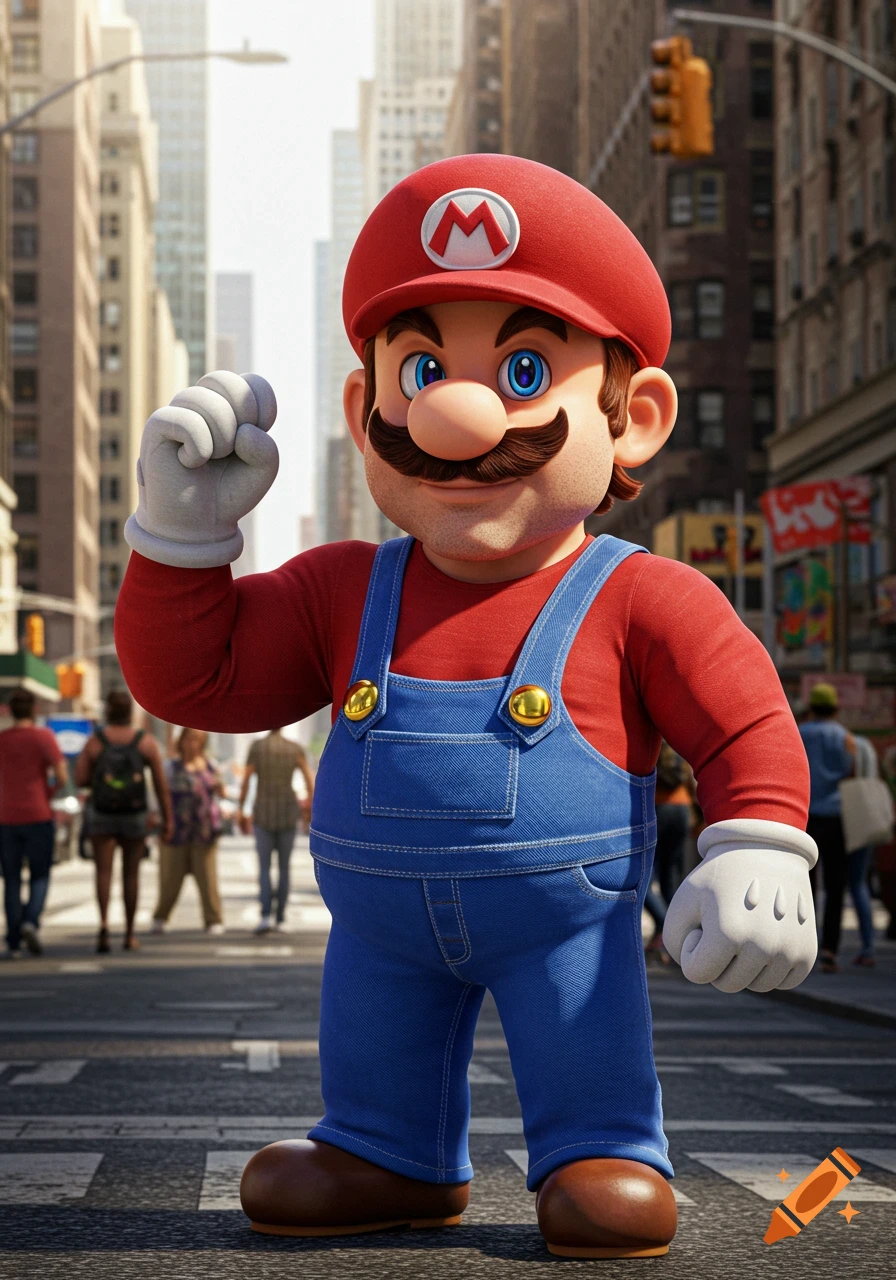 Photorealistic Mario in a red cap and blue overalls, standing confidently on a city street with his right fist raised.