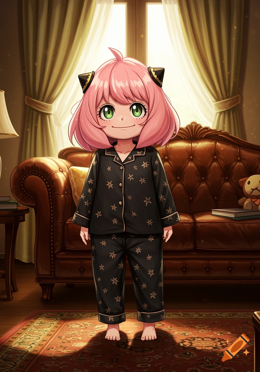 Anime character Anya Forger in black star pajamas stands smiling in a sunlit living room.