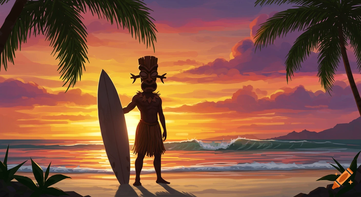 A surfer in a tiki mask and grass skirt stands on a tropical beach at sunset, holding a surfboard, with waves in the background.