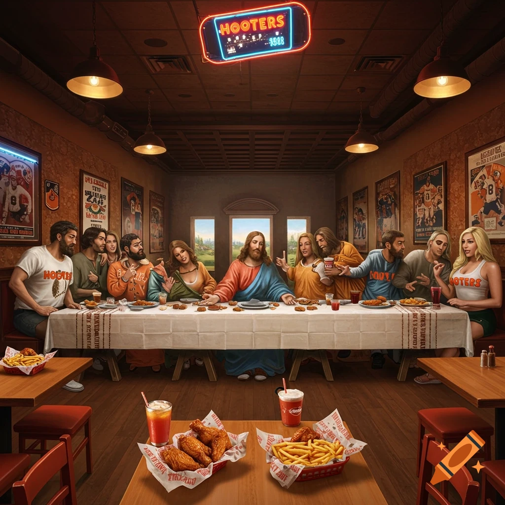 Jesus and his disciples are depicted in a modern Hooters restaurant, mimicking Leonardo da Vinci's The Last Supper.