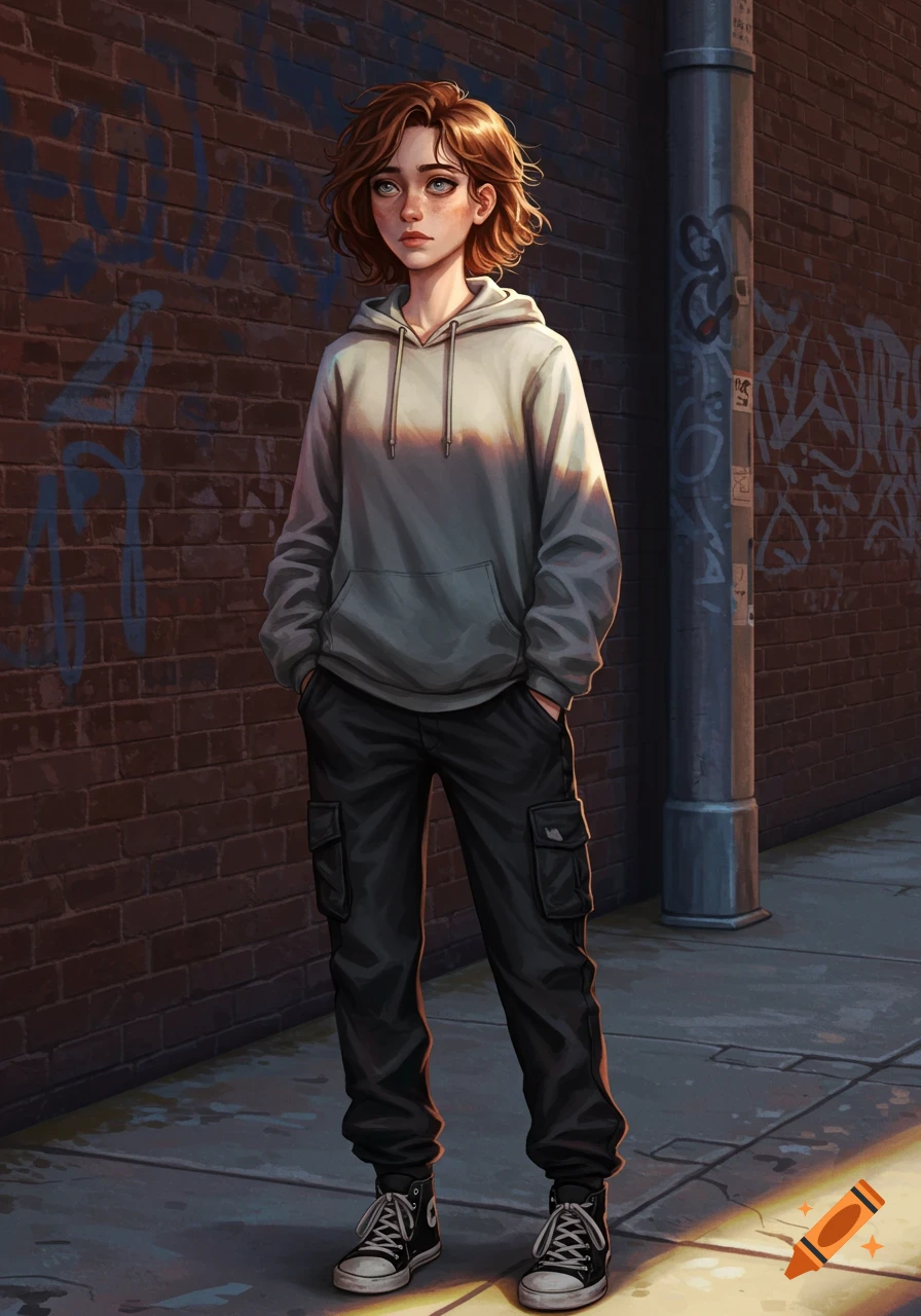 A brown-haired woman in a grey hoodie and black cargo pants stands in front of a brick wall with graffiti in an alleyway, in a digital art style.