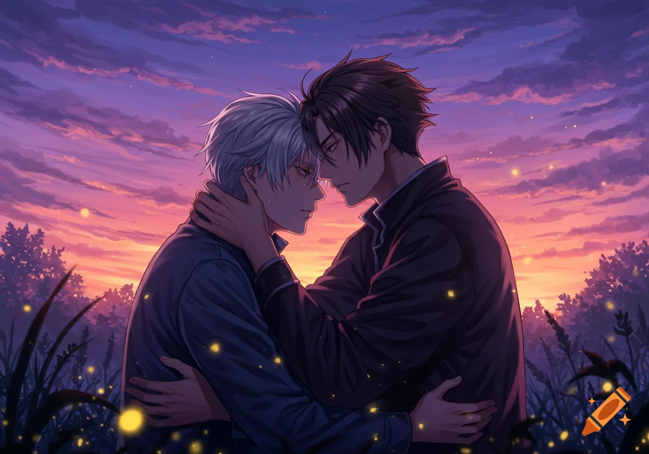 Two anime men embracing at sunset in a field with fireflies, depicted in a romantic, painterly style.