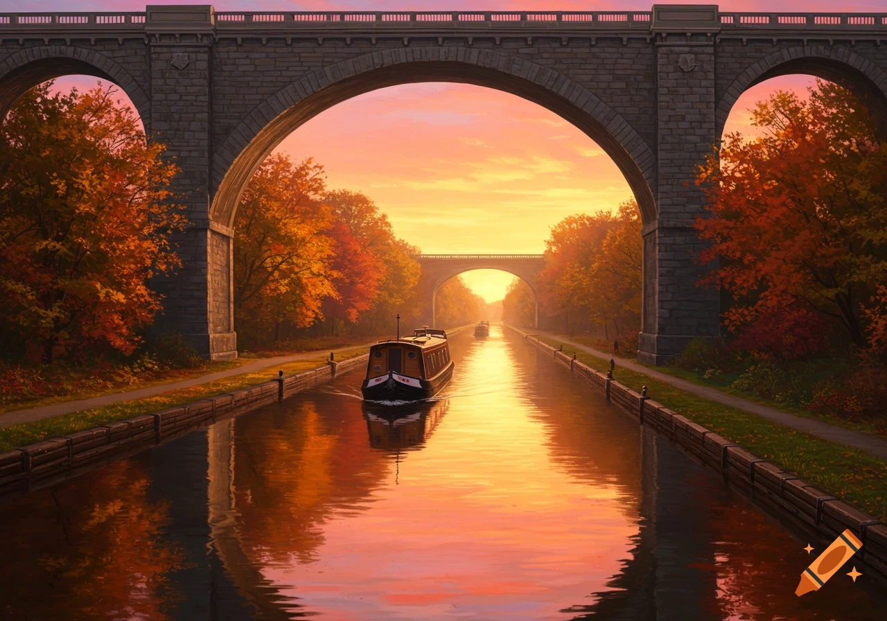 A canal boat glides under a stone bridge at sunset, with colorful autumn trees lining the banks.