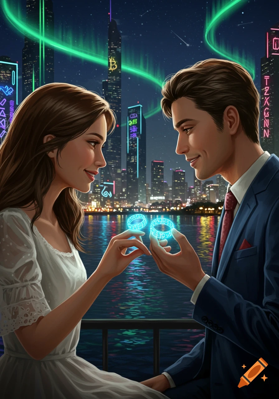 A romantic couple exchanging glowing digital rings against a futuristic city skyline with green aurora lights.