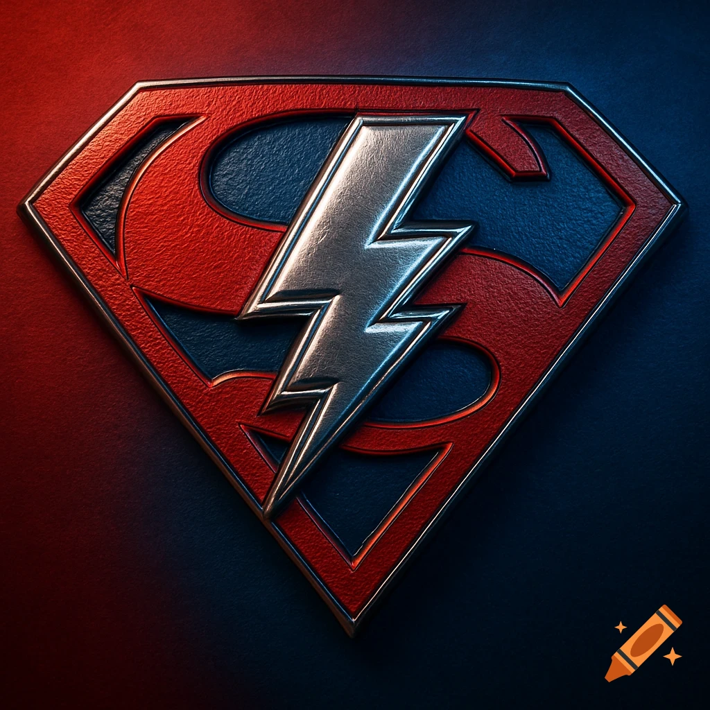 A metallic red Superman shield with a silver lightning bolt replacing the S, on a red and blue gradient background.