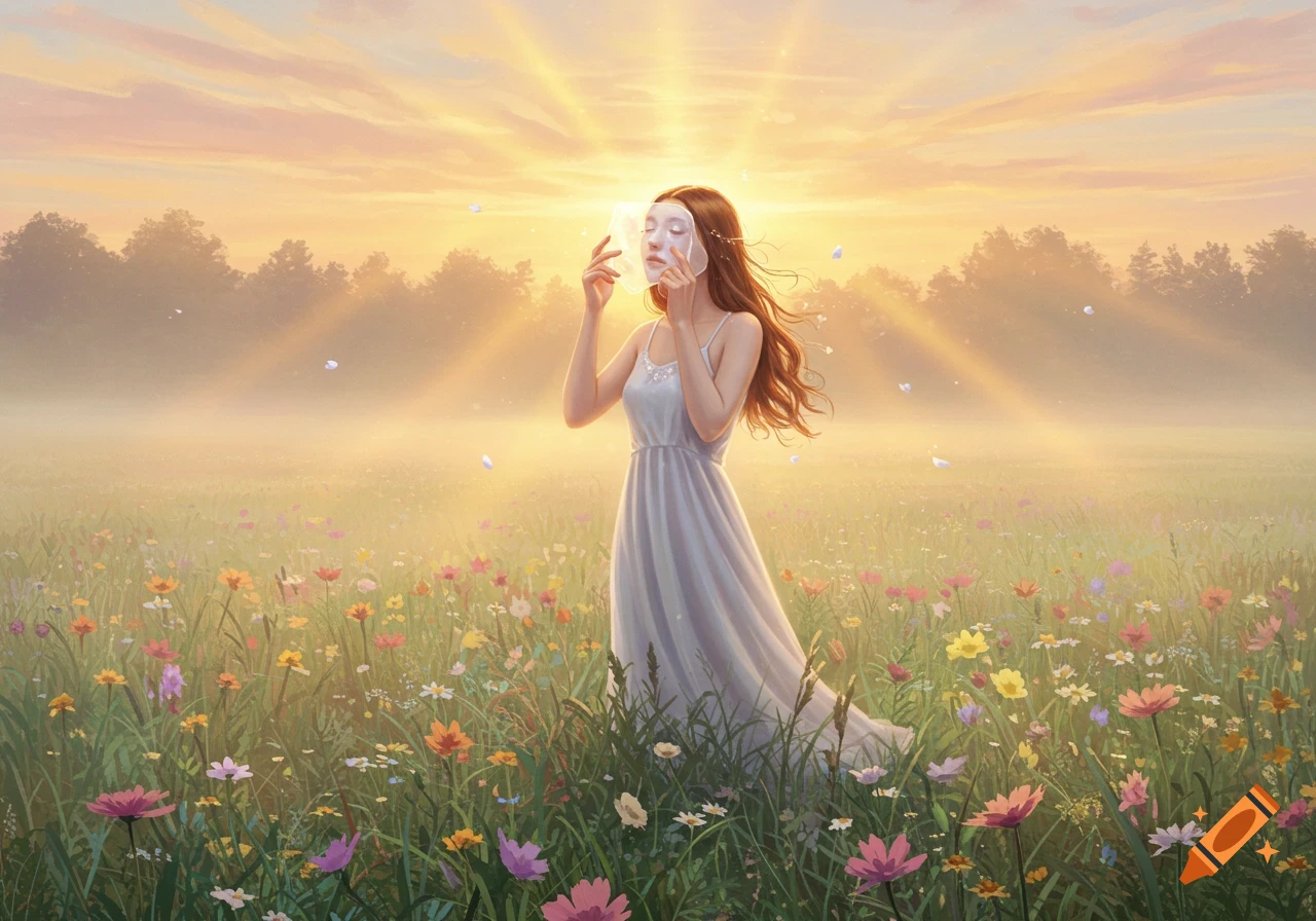 A woman in a white dress removing a mask from her face in a radiant sunrise field filled with colorful flowers.